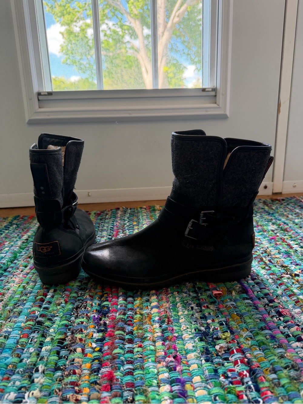 UGG Black Leather & Dark Gray Wool Mid-Calf Buckle Boots